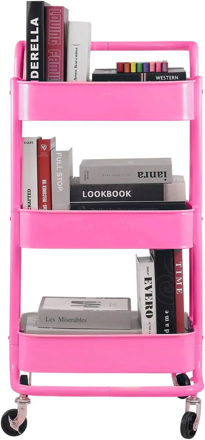 

3-Tier Rolling Cart with Wheels, Pink Metal Mesh Storage Organizer for Home and Office
