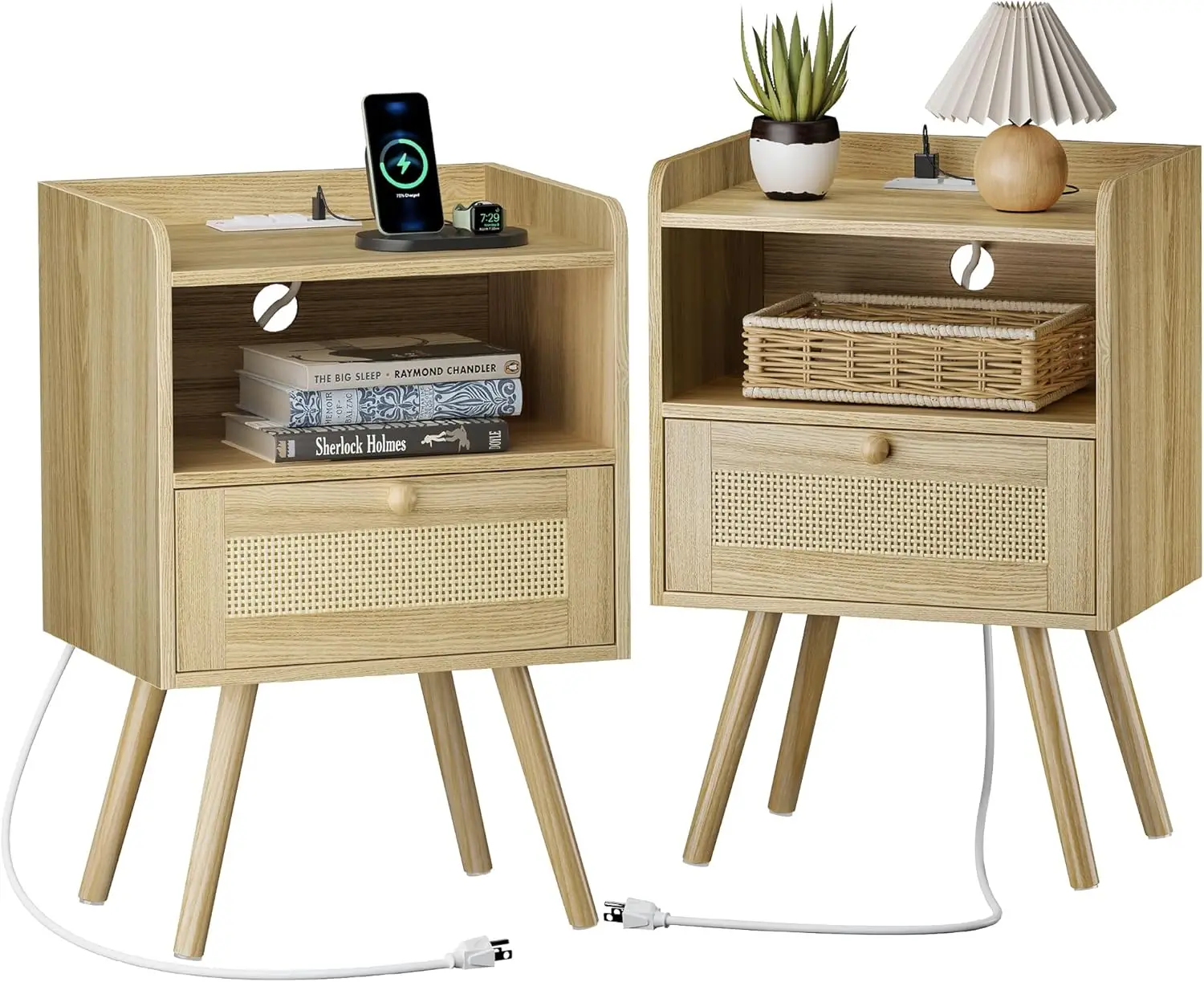 

Set of 2 Nightstands with Charging Station, Rattan Drawer Decor, Solid Wood Feet for Bedroom and Living Room - Natural