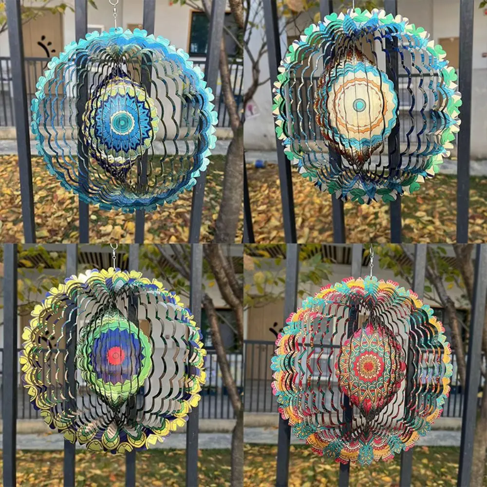 Creative Iron Rotating Wind Chime Garden Pendant Home Decor 3D Color Wind Chime Mandala Pattern 3D Wind Spinner