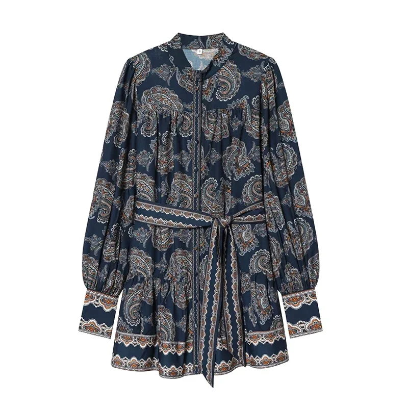 Picture 3: Women's Short Dress Fashion Lace-up Print Dresses Spring Women V-Neck Long Sleeves Dresses Vintage Female Elegant Party Dresses