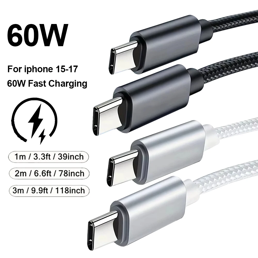 Braided 60W Type C Wire For iphone 15 16 17 pro max 1m 2m 3m USB C  To Type C Fast Charge Cable for Samsung Xiaomi Huawei