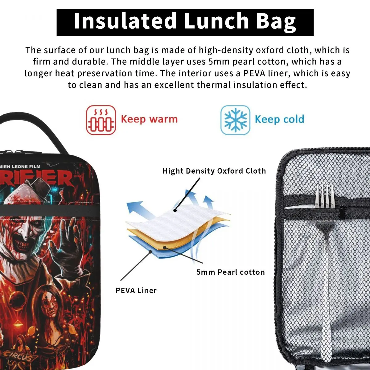 Movie Terrifier Insulated Lunch Bags for Camping Travel Halloween Horror Clown Resuable Cooler Thermal Lunch Box Women Children