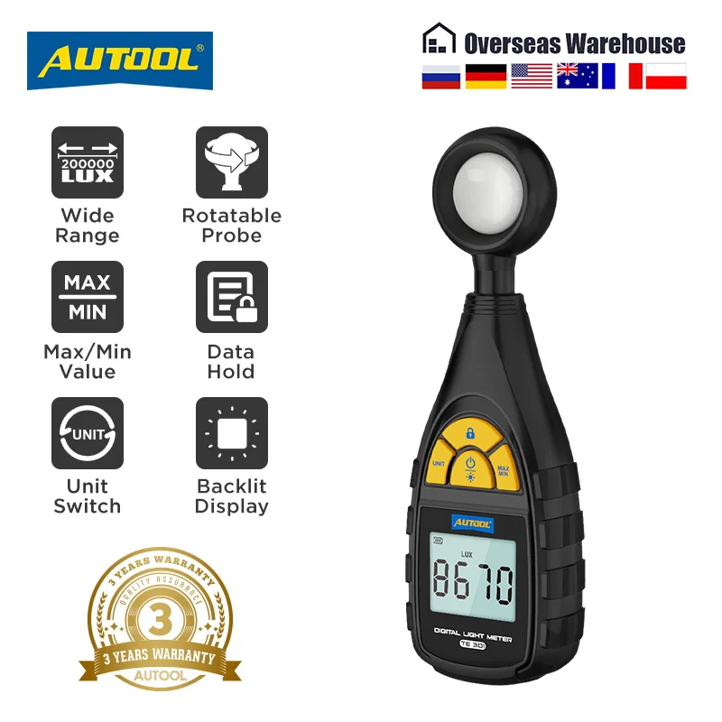 

AUTOOL TE301 Тестер люминометра Цифровой профессиональный люкометр 200000 люкс 20000FC Цифровой мини-измеритель освещенности Люксметр