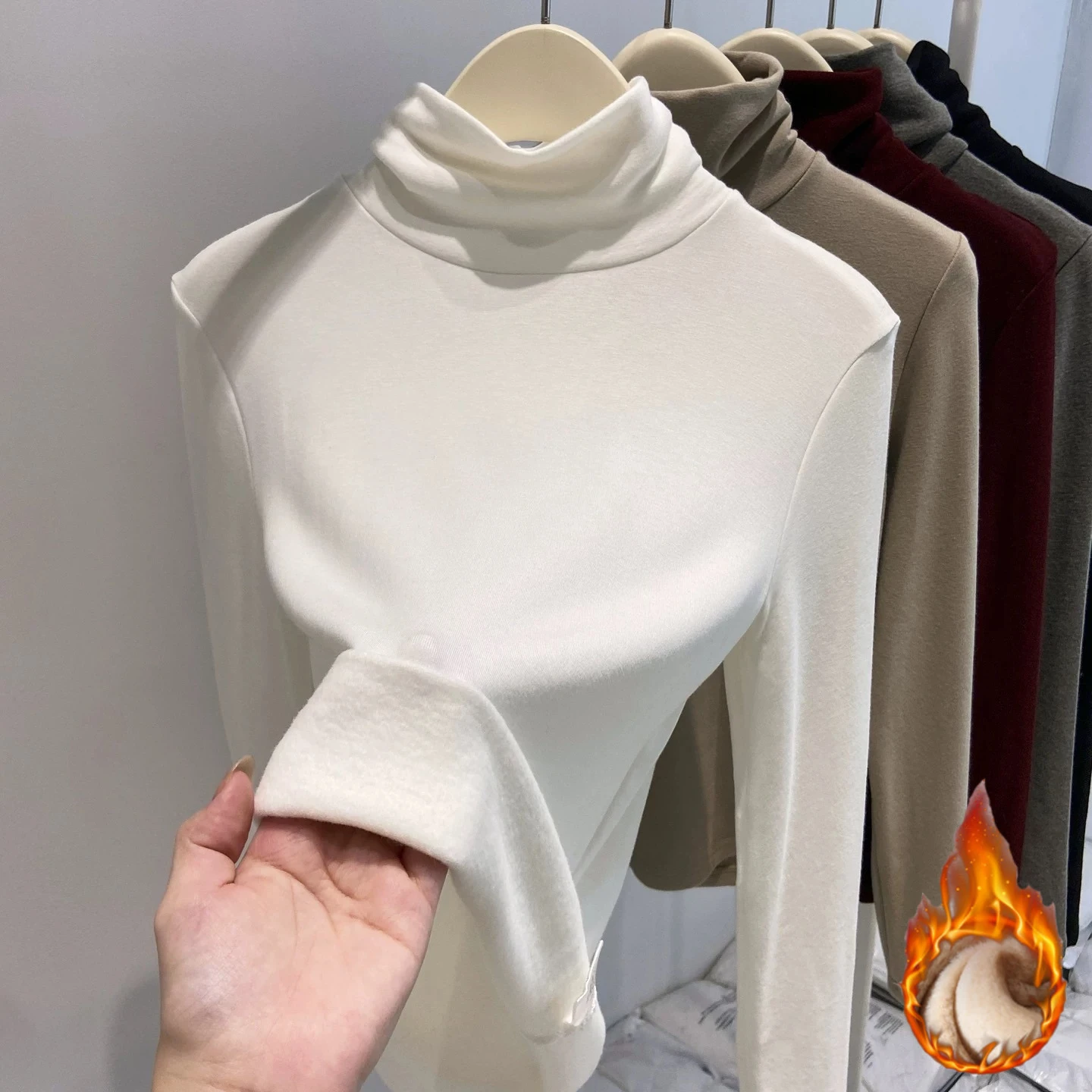 2026 Autumn Winter Turtleneck Fleece Lined Thickened T-shirt Fashion Slim Fit Women's Base Shirt Solid Color Versatile Warm Tops