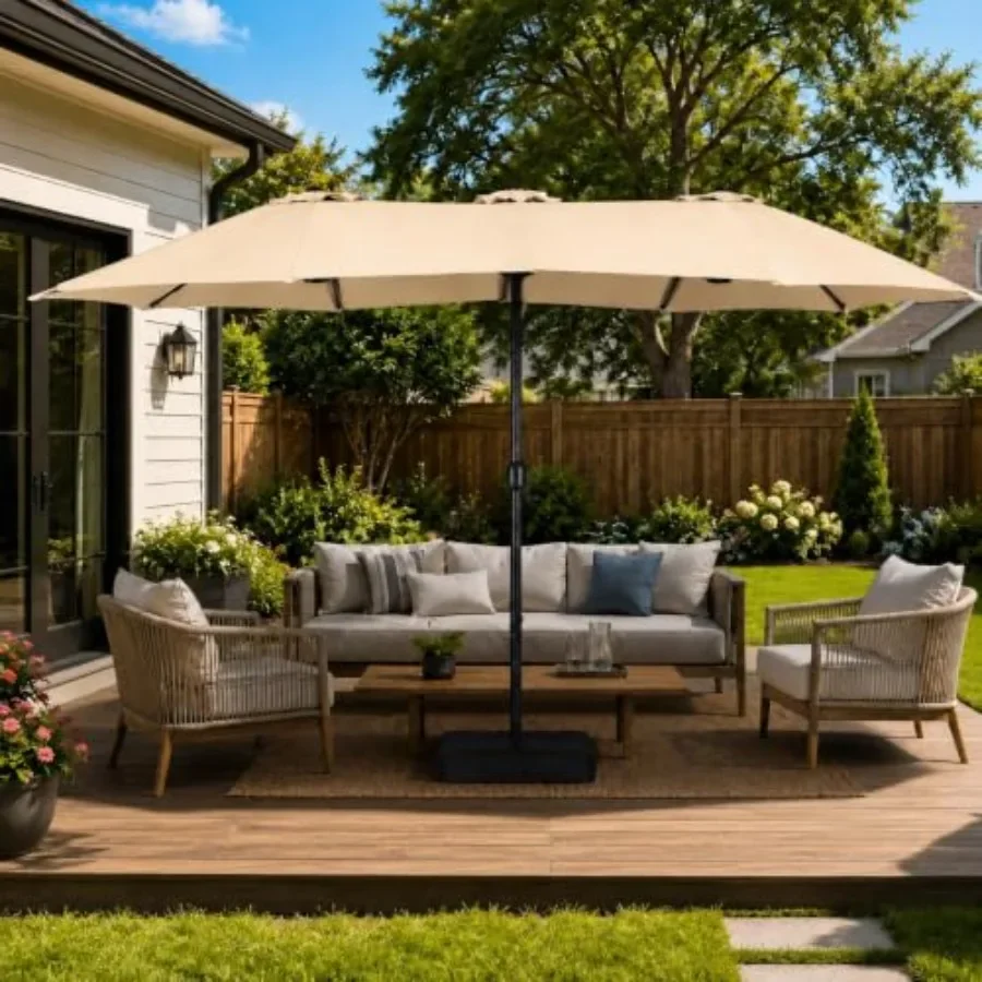 Patio umbrella for outdoor use, polyester fabric, beige, 13 feet double-sided with crank, 12 ribs and vented design for enhance