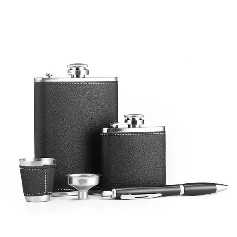 

Portable Stainless Steel Hip Flask Whiskey Wine Pot Leather Cover Bottle Funnel Travel Tour Drinkware Wine Cup