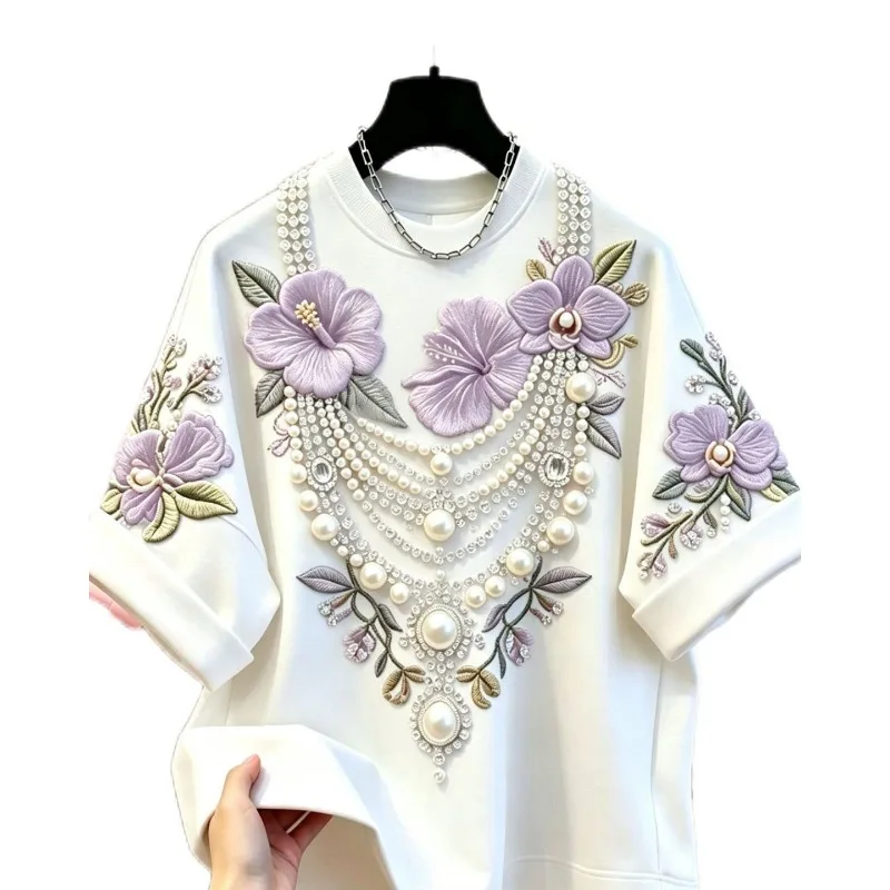 Summer new beaded embroidered floral short-sleeved T-shirt for men and women, extra-large casual style versatile top commuting