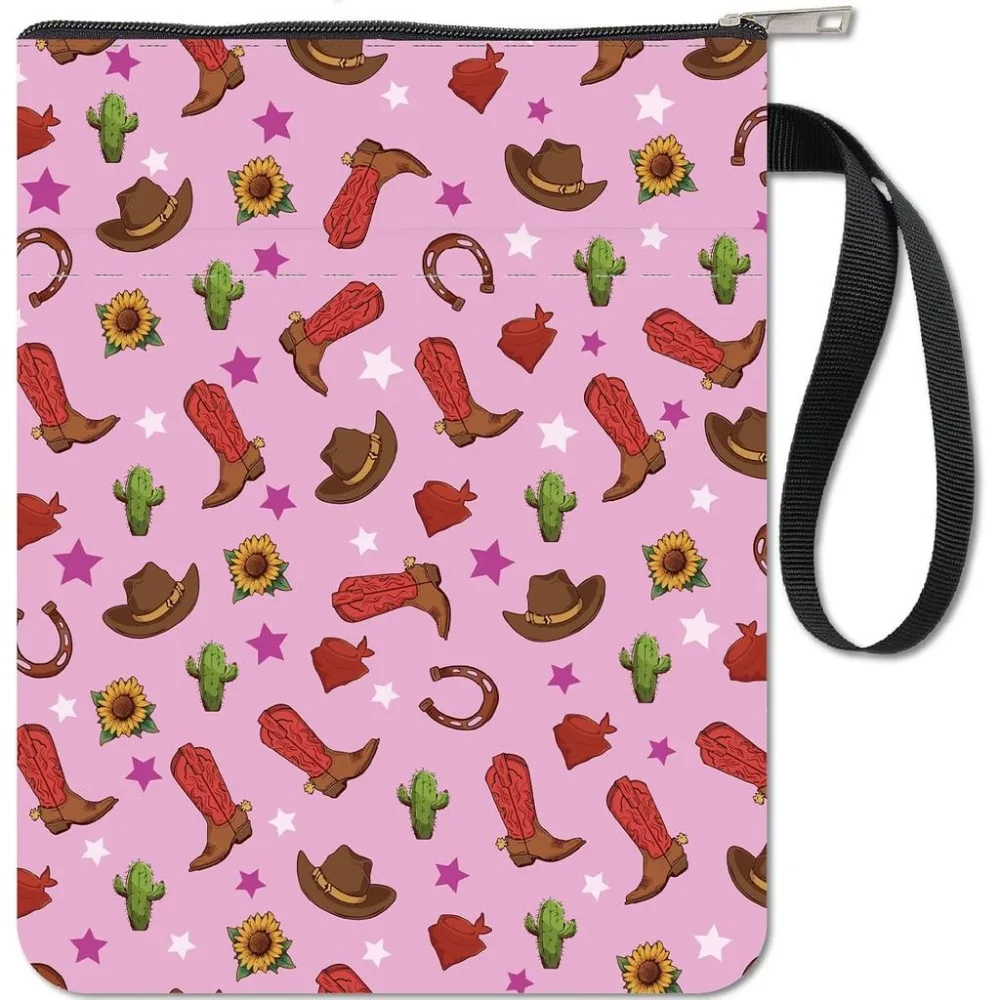 Cowboy Boots Book Sleeve Book Protector Pink Book Covers for Paperbacks Waterproof Fabric with Zipper Extra Sleeve Pocket Pouch