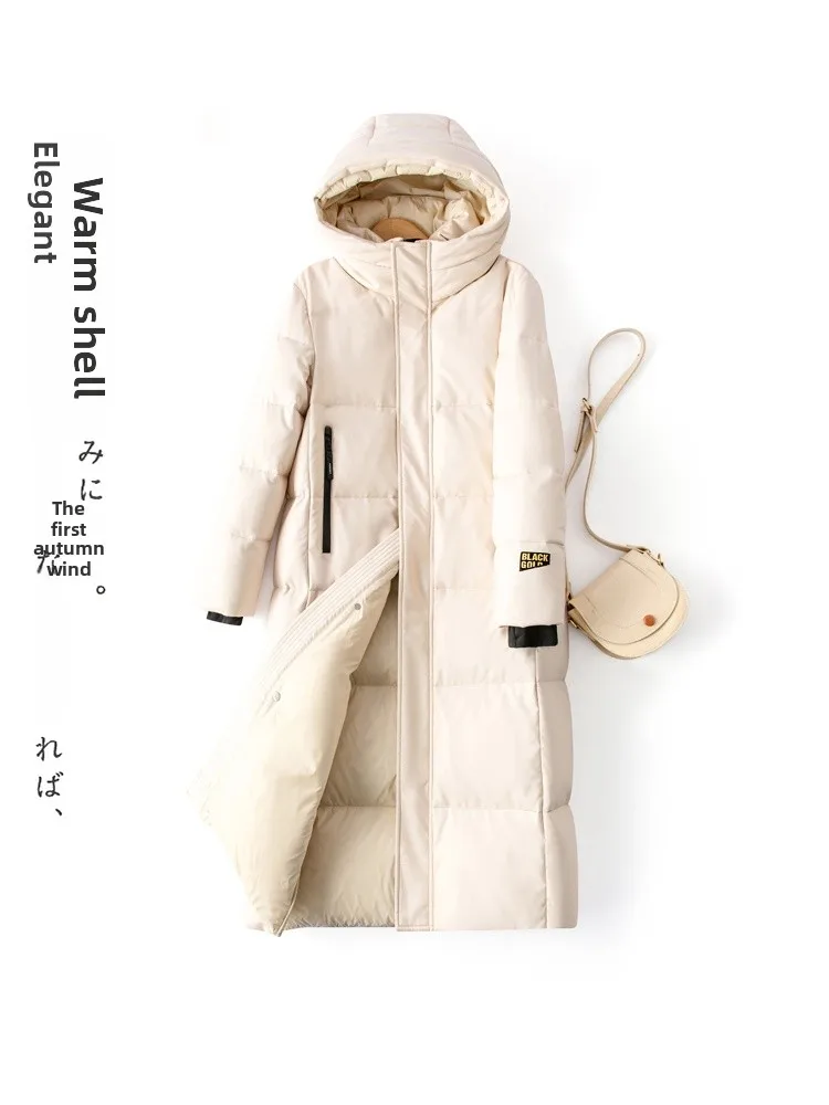 Cappotto in Vera Pelle Haining da Donna, Lunghezza Media, Nuovo Modello Invernale, Taglia Grande, Bianco, con Cappuccio in Piuma d'Oca e Pelle di Pecora