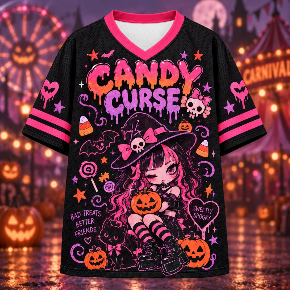 Halloween Candy Curse 66 Mesh Jersey, Sweet Spooky Witch Girl Schwarze Katze Kürbis Süßigkeiten V-Ausschnitt Kurzarm, Pastell Goth Party Top – Detail 4