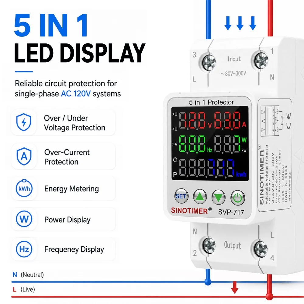 110VAC 5 In 1 LED Display KWh Metering Power Energy Meter Over Under Voltage Protector Current Protection Circuit Breaker 40/63A