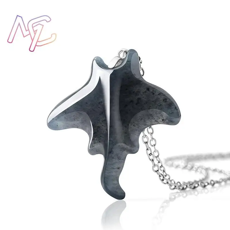 Grade A Natural Myanmar Jadeite Manta ray Pendant Necklace 925 Silver Real Jade Jewelry Carved Amulet Talismans Gifts for Women