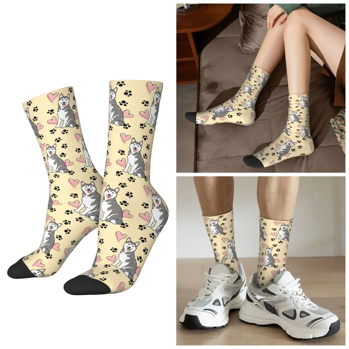

All Seasons Love Gray White Siberian Husky Dog Socks Harajuku Crew Socks Super Soft Stockings for Men Women Christmas Gifts