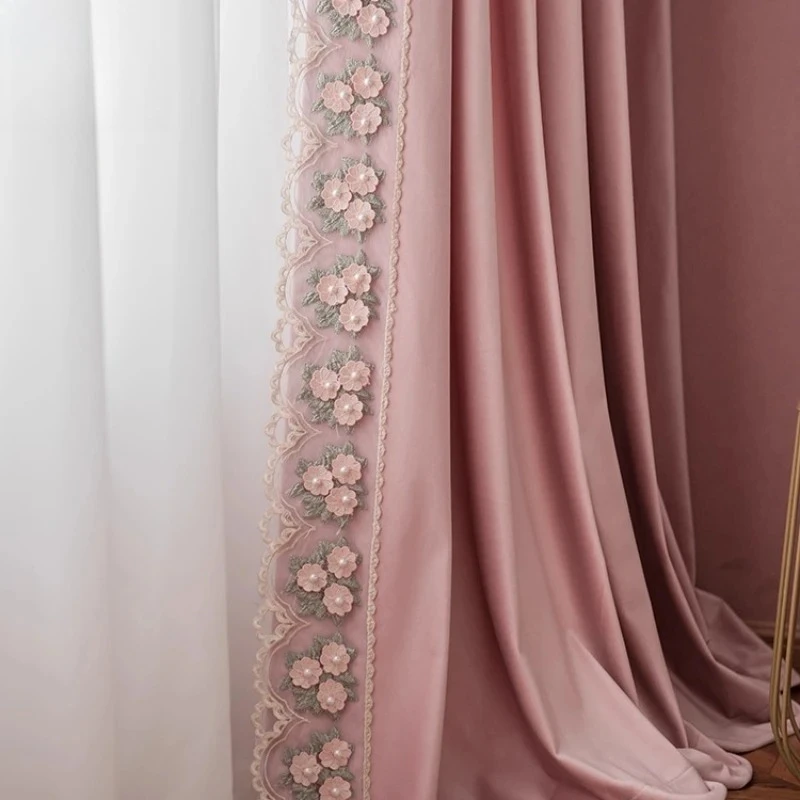 Pink Silk Velvet Curtains Princess Style Luxury Blackout Drapes Lace Trim Instagrammable Decor Yarn for Interior Decoration