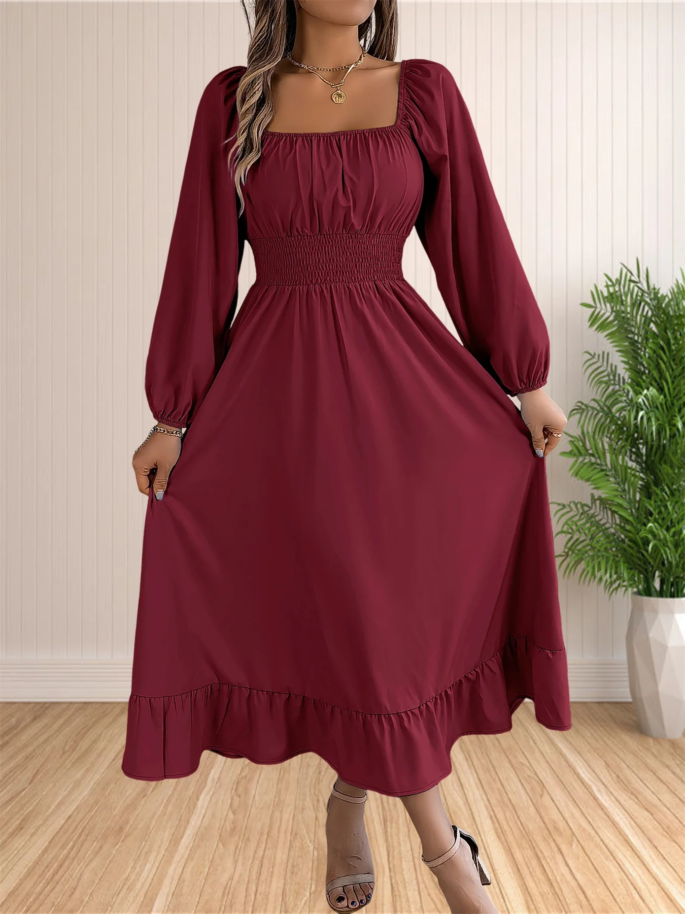 Spring and Summer Elegant High Waisted Square Neck Long Sleeved Ruffled Edge Long Dresses for Women Dress