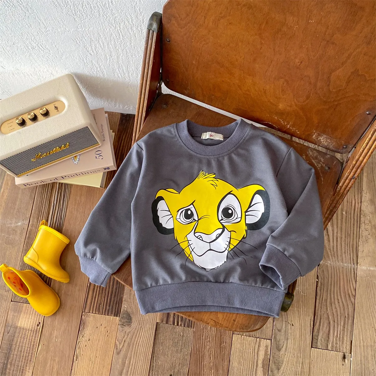 Lion Printed Baby Boy Clothes Long Sleeved Tops Loose Sweatshirt Round Collar Cartoon Hoodies Children Toddler Costume Disney