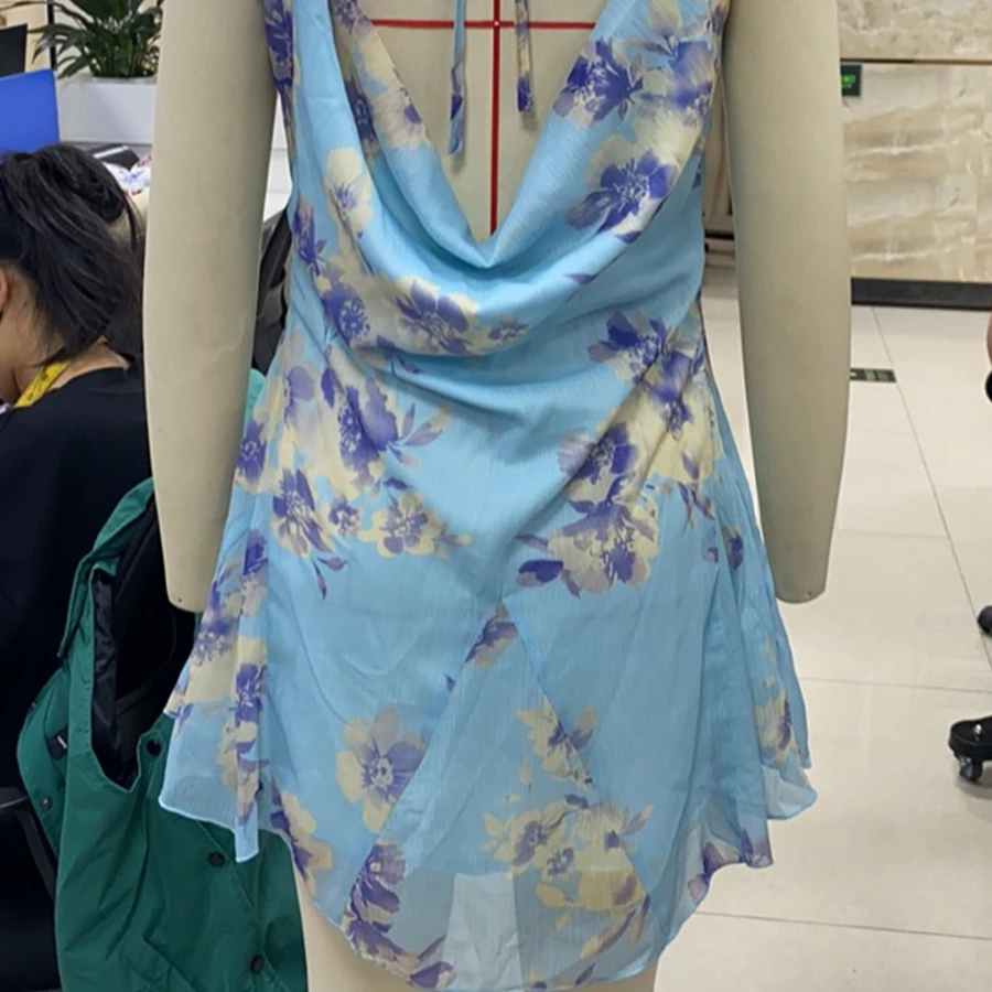 2025 Women Sleeveless Slip Dress Spaghetti Straps Backless Tie-up Flower Print A-line Dress Summer Mini Dress