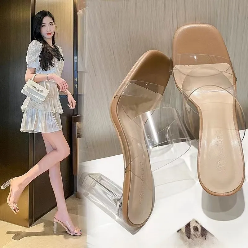 Women Transparent High Heeled Sandals Summer New Fashion Square Toe Women Transparent Wedding Jelly Silver High Heeled Sandals