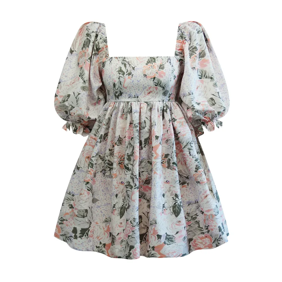 Floral Print High Waist Puff Sleeve Swing Dress