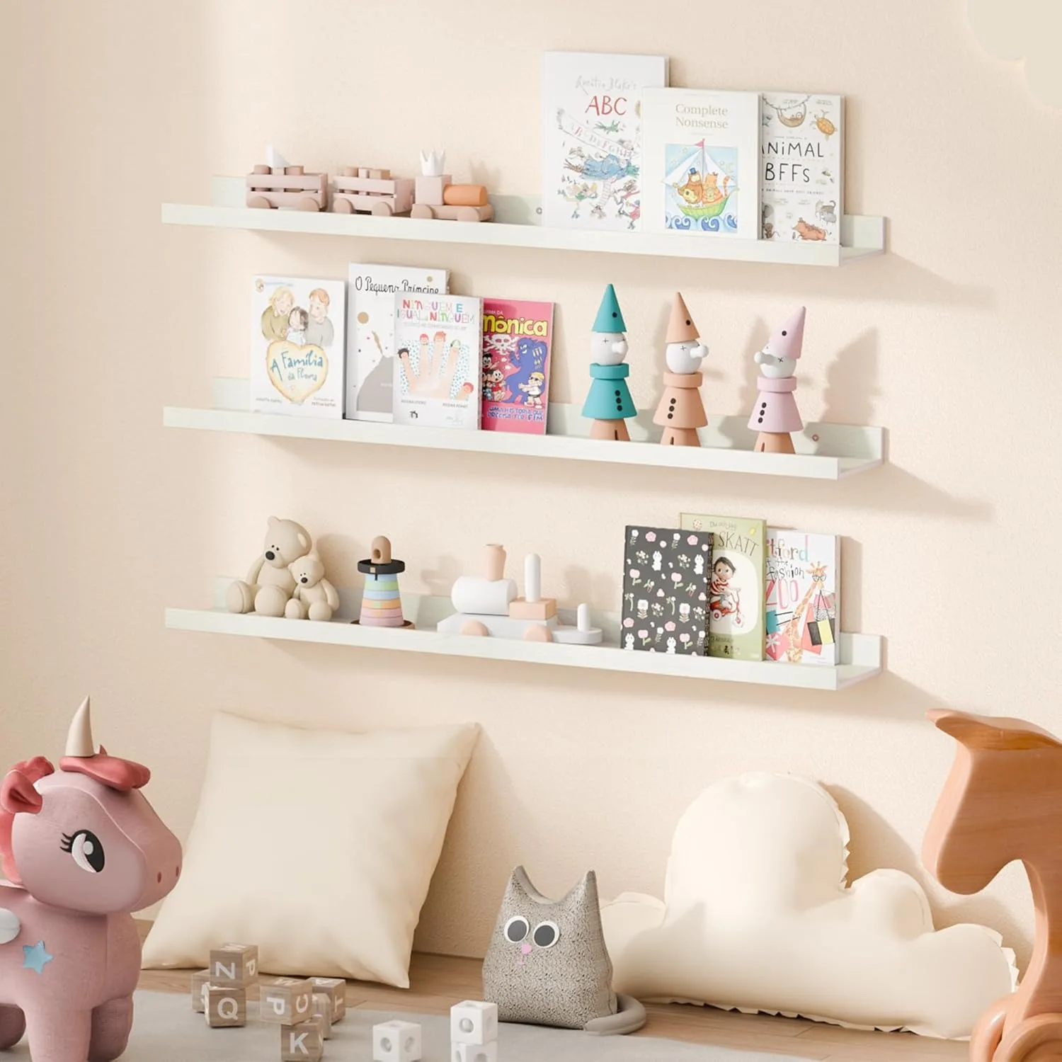 Floating Shelves for Wall, Wood Mounted Shelf Decor Storage Set of 6, for Bedroom, Kitchen, 35.5 inch Long Picture Ledge, White