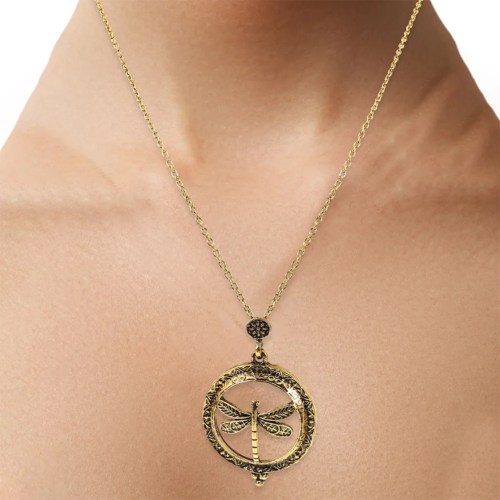 2Pcs Hollow Dragonfly Pendant Necklace Magnifying Glass Retro Style 5X Vintage Jewelry for Women Unique Fashion