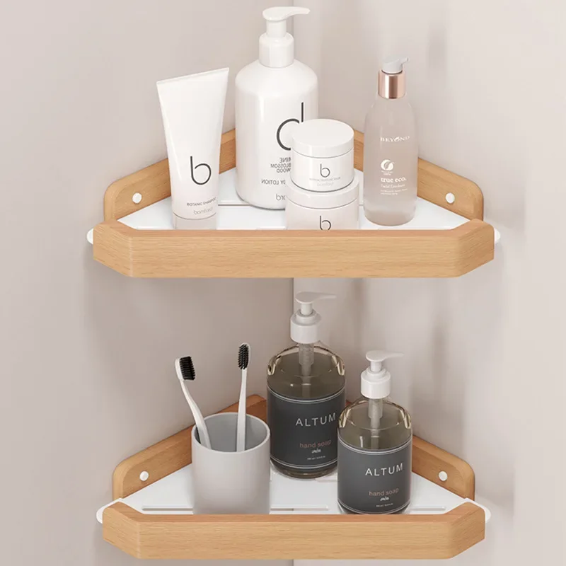 Moisture-Proof Walnut and Beech Bathroom Shelves, Bathroom Corner Shelf, No Punch, Triangle Sink, Wall Mounted, Toilet restroom