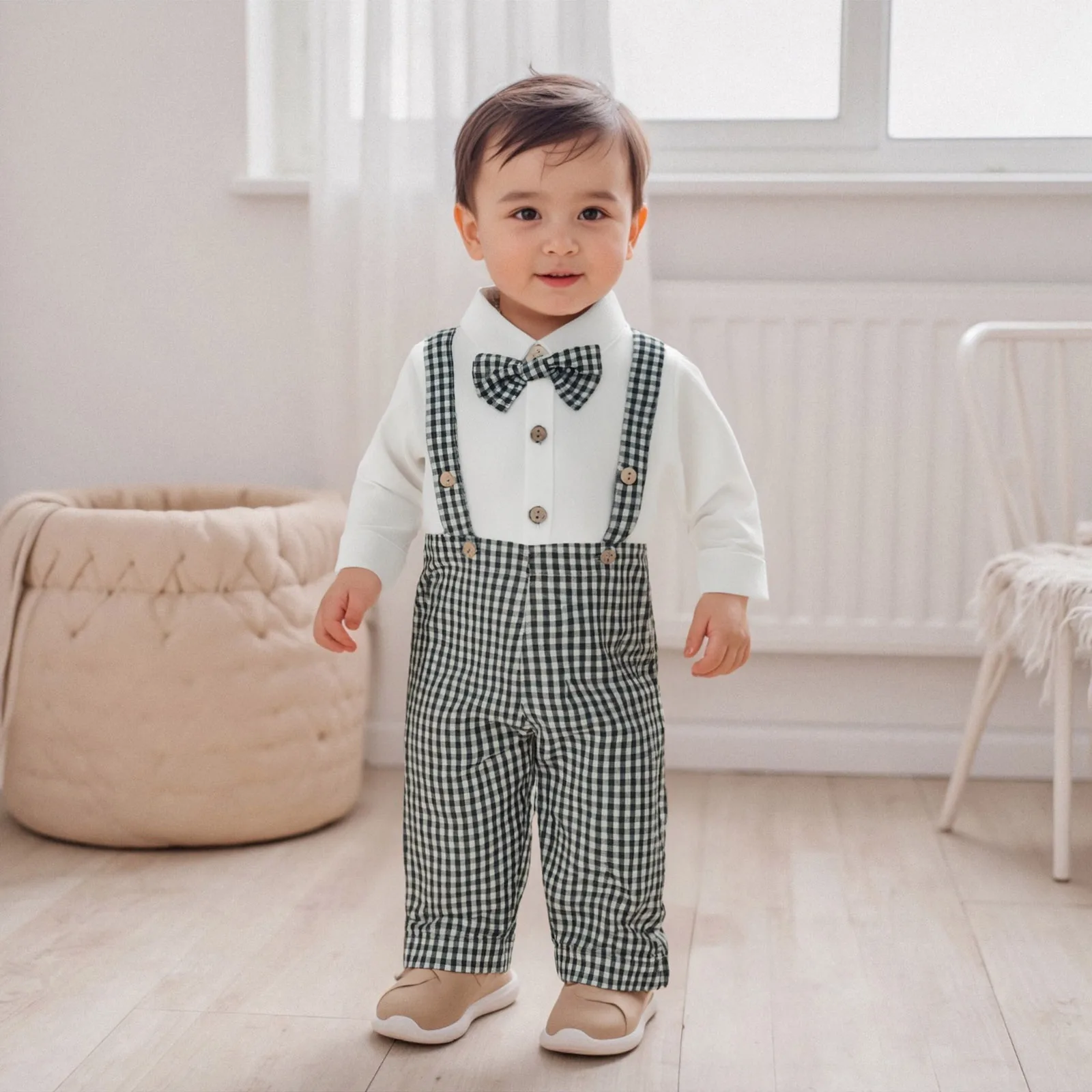 

Toddler Boy Gentleman Outfit Button up Romper with Bow Tie and Plaid Suspender Pants Set for Formal Wear
