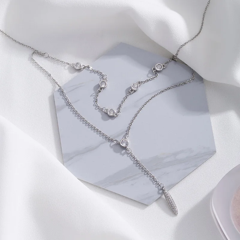 

925 Sterling Silver Double Layer Necklace Geometric Shape Choker Delicate Collarbone Chain Women's Fashion Jewelry