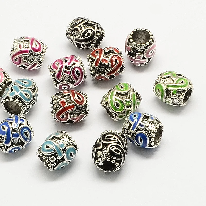 Alloy Awareness Ribbon Enamel European Beads Drum Large Hole Beads Silver Mixed Color 11.5x11mm Hole: 5~6mm