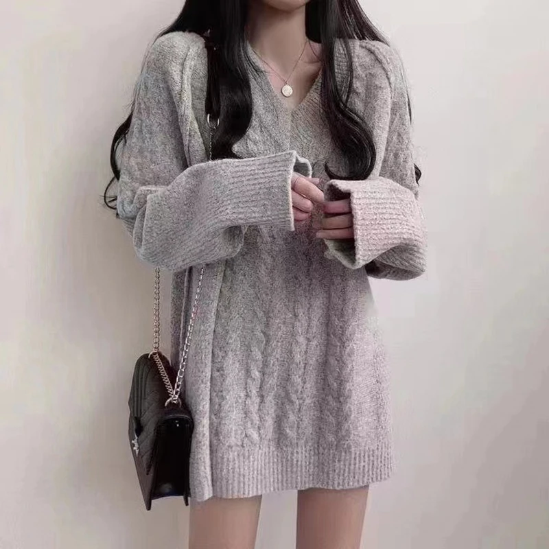 ฤดูใบไม้ร่วง/ฤดูหนาวสไตล์เกาหลีแขนยาวเสื้อสเวตเตอร์หลวมผู้หญิงย้อนยุคสีทึบ V คอถักเสื้อลำลองเสื้อถักยาว