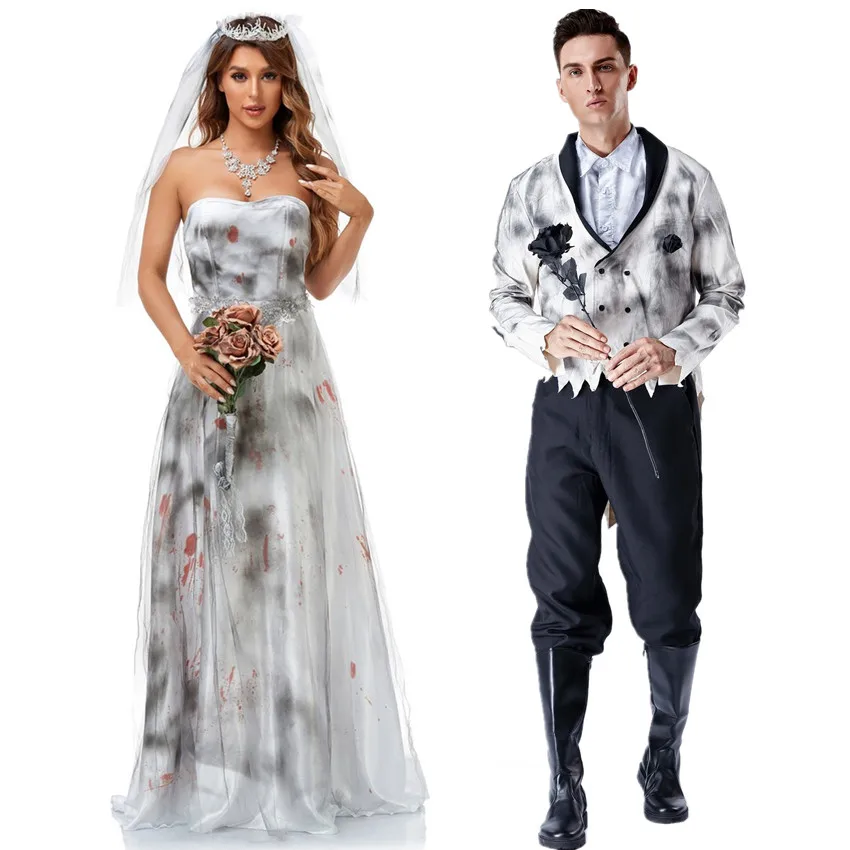 Carnival Halloween Party Bloody Bride Ghost Bridegroom Couples Costume Masquerade Cosplay Horror Scary Vampire Outfits