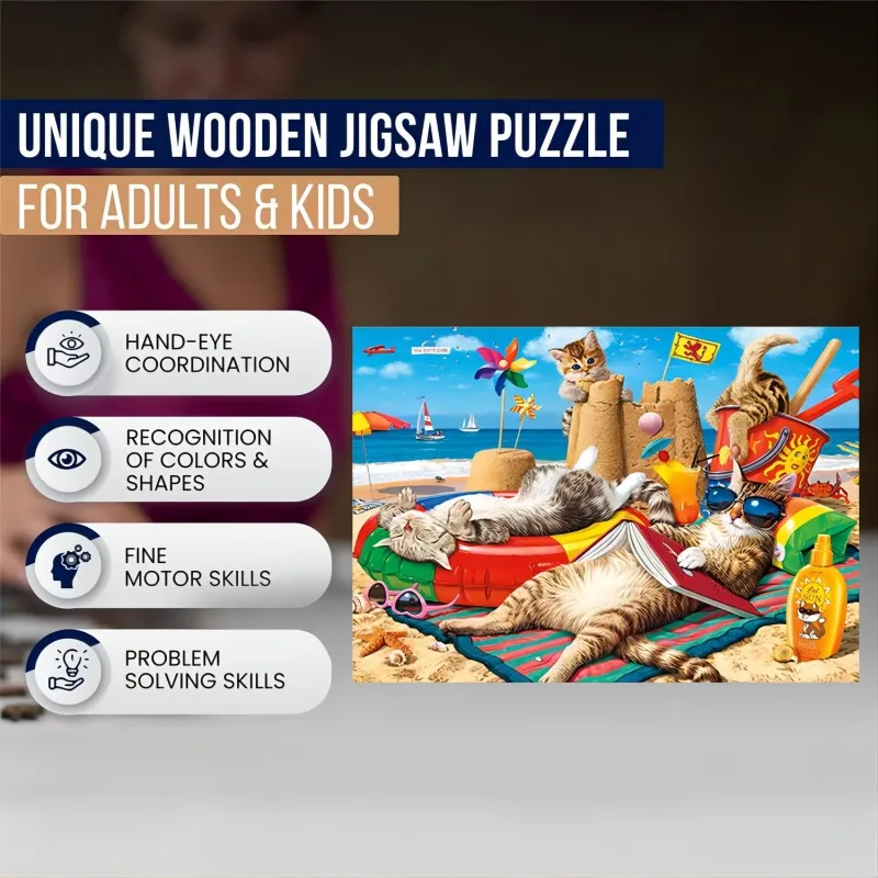 Kot na wakacjach drewniana sztuka Puzzle Jigsaw, unikalne elementy w kształcie zwierząt, DIY gra rekreacyjna fajna zabawka na prezent odpowiednich