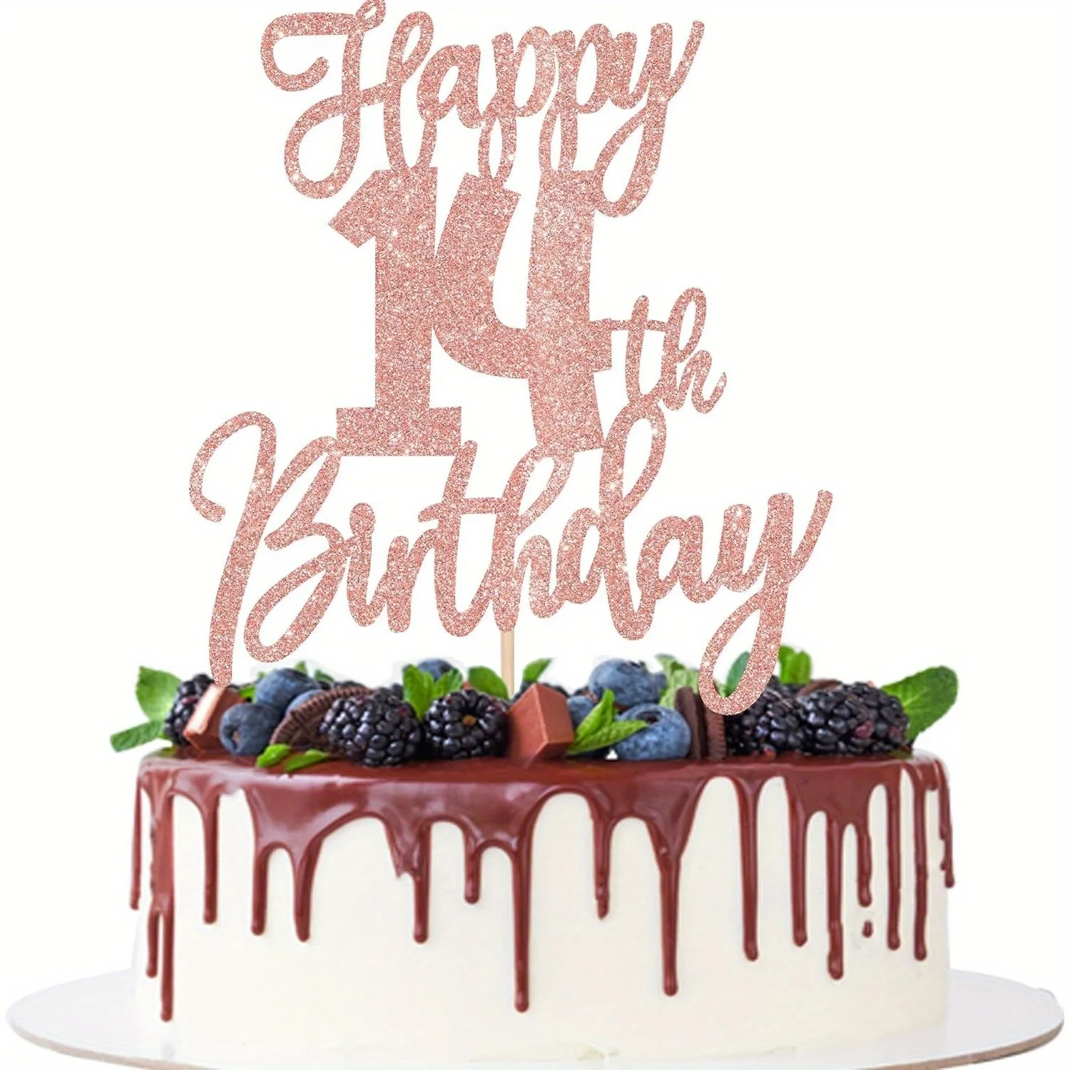 1 PCS Rose Gold Glitter Happy 14th Birthday Cake Topper - Cheers to 14 Years Fourteen Hello 14 Cake Decoration