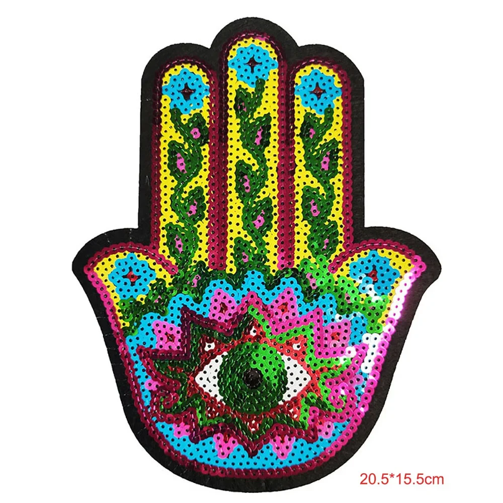 Hand Blue Eyes Sequin Patches Iron on Clothes Hamse Palm Fatima Witchcraft Embroidery Applique Fabric Badge DIY Apparel Decor