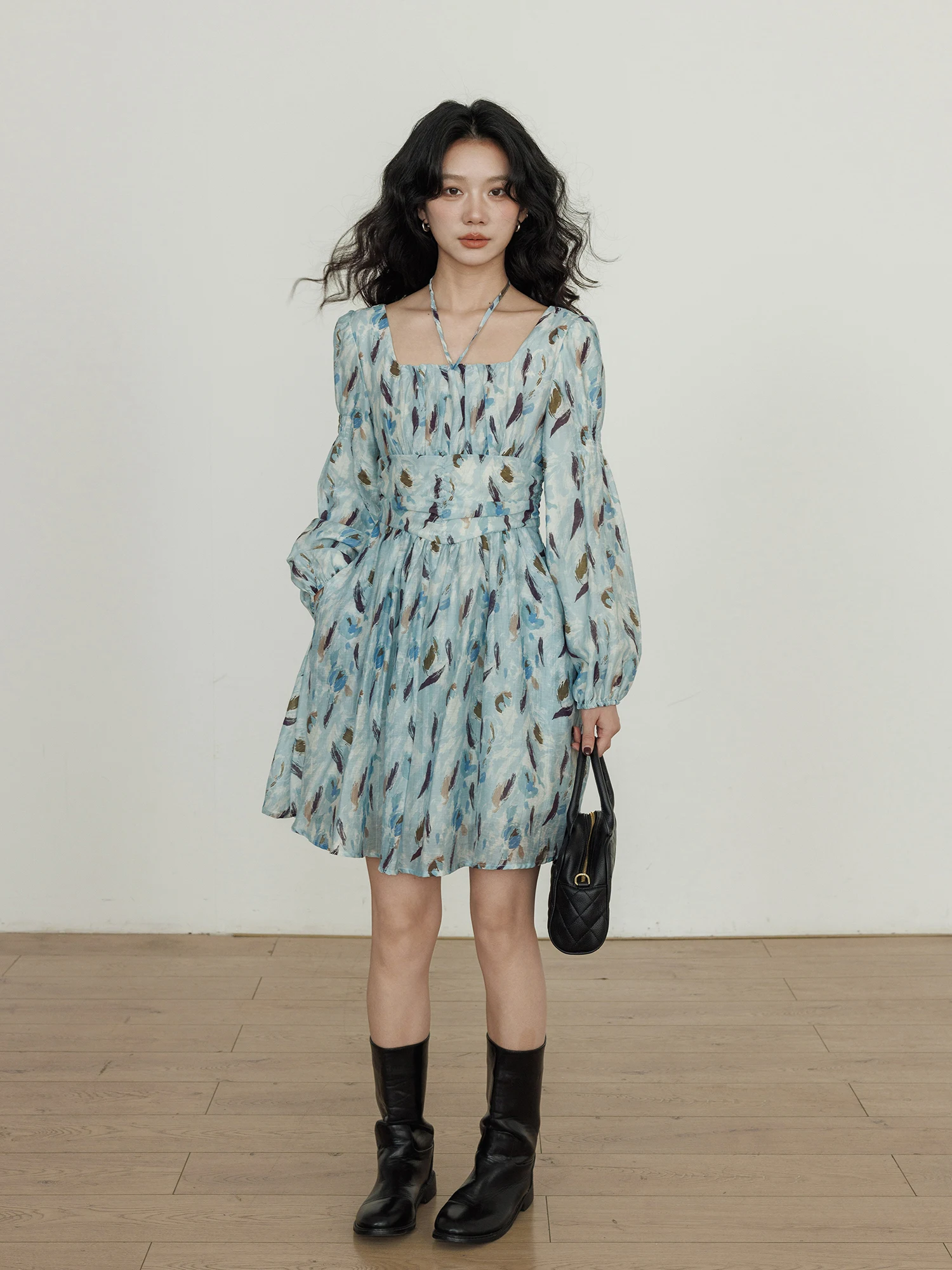 

Весенняя винтажная юбка-трапеция из льна с принтом и квадратным воротником для женщин, с длинными рукавами и молнией, для повседневной носки