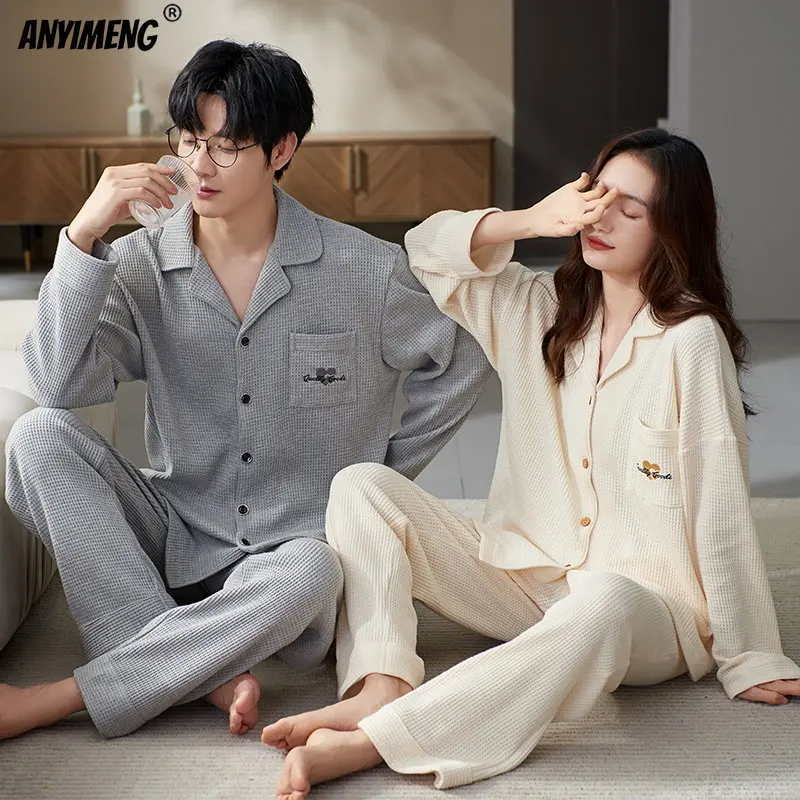 Waffle Cotton Sleepwear New Women Men Spring Autumn Couples Pajamas Set Lovers Nightgown Turn-down Collar Pijamas Home Clothes