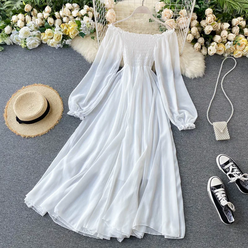 Primavera Estate nuove donne eleganti abito da vacanza manica a sbuffo slash neck spalle scoperte abiti in chiffon bianco femminile smock