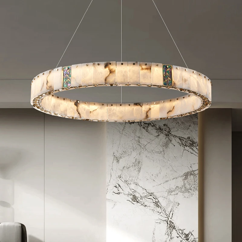 

Luxury Living Room Chandelier Modern Minimalist Natural Marble Lampshade Copper Lamp Body Atmosphere Bedroom Marble Light