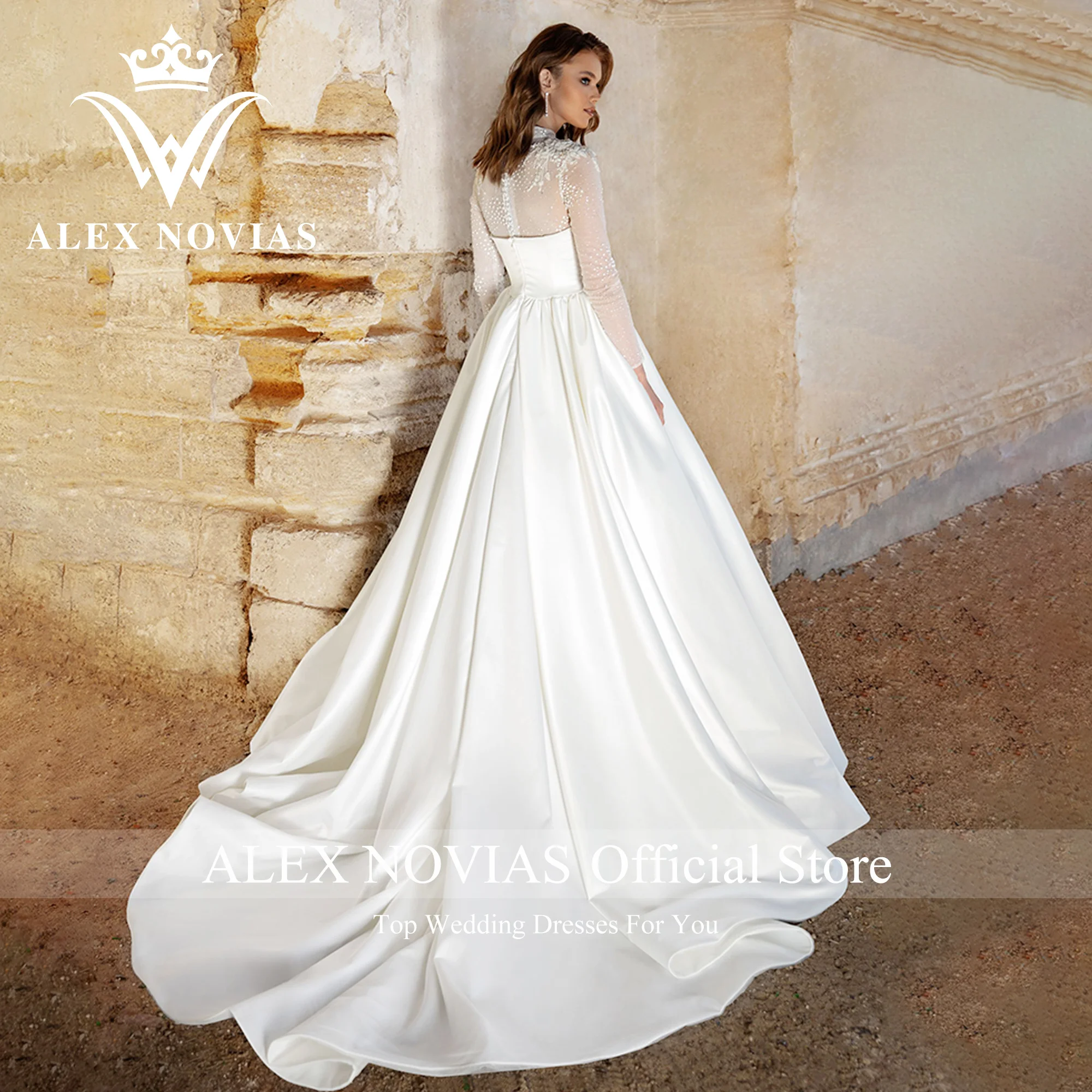 ALEX novias ชุดแต่งงานแขนยาวผ้าซาติน2023สูงโรแมนติก appliques ภาพลวงตา A-Line ชุดเจ้าสาว vestidos novias de saten