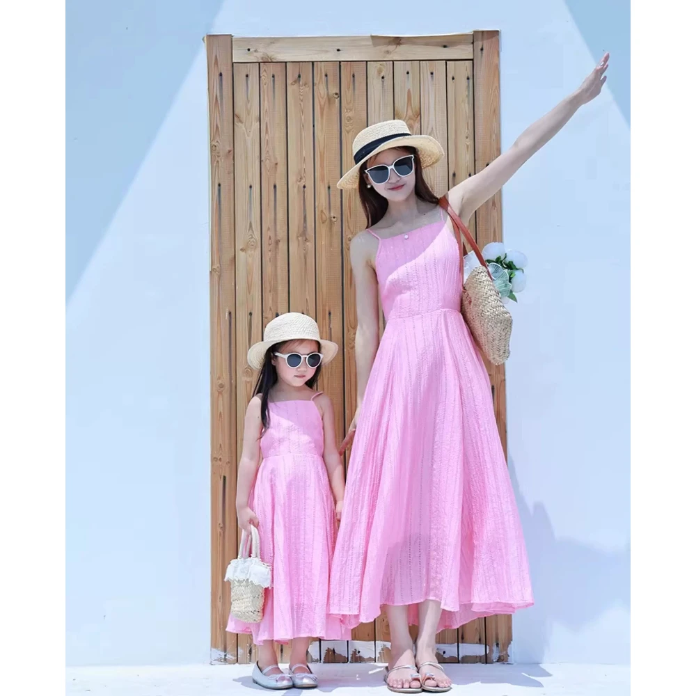 Vacation Look Mom and Daughter Matching Pink Dress Sling Backless Resort Mother and Baby Girl Elegant Dresses for Women Clothing