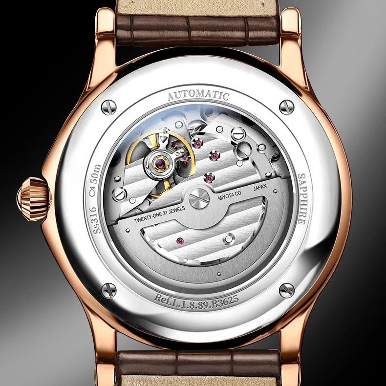 LOBINNI Orologi automatici da uomo Orologio di lusso Orologio da polso meccanico Luminoso 50M Impermeabile Zaffiro Chiusura a farfalla 24 ore Data