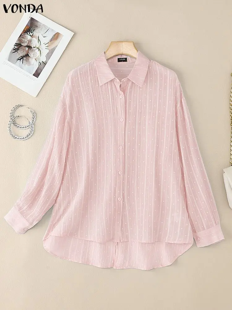 เสื้อเชิ้ตผู้หญิงไซส์ใหญ่พิเศษ 5XL ยี่ห้อ VONDA แฟชั่นเสื้อแขนยาวทรงหลวม สไตล์ลำลอง สีพื้น ปี 2025 สไตล์เกาหลี คอปกเสื้อ