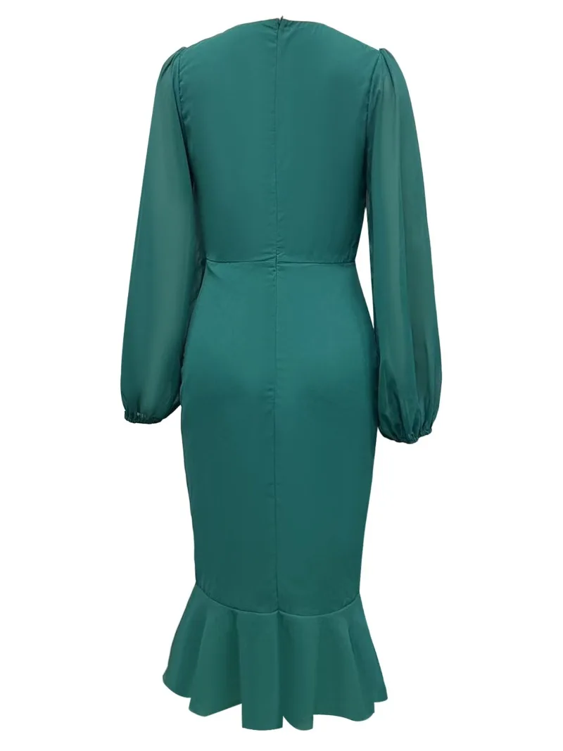 Damen Smaragdgrünes Gerafftes Partykleid in Midi-Länge V-Ausschnitt Chiffon Rüschensaum Bodycon-Kleid Elegantes Abend-Cocktailkleid – Detail 5