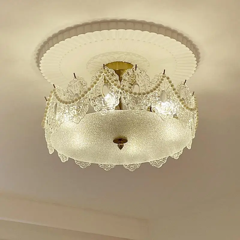 

French Style Cream Ceiling Light Full Spectrum Eye Protection Vintage Pearl Modern Living Room Bedroom Lamp