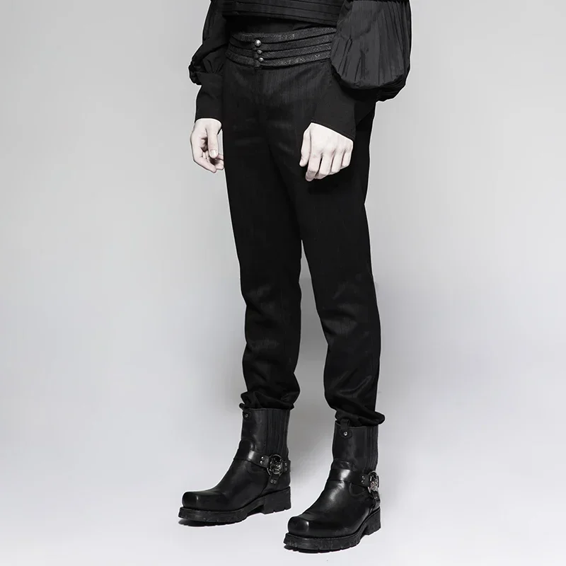 PUNK RAVE Steampunk Gentleman Striped Woven Men Pants Gothic Vintage Plate Mid Waist Button Straight Trousers Stage Performance