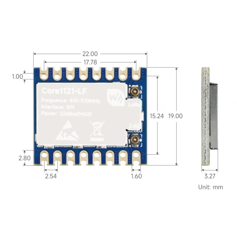 

SKU-31899 Waveshare Core1121 LF/HF Dual-Band LoRa Module, Based on Low-Power LR1121 Transceiver, Suitable For Sub-GHz And 2.4GHz
