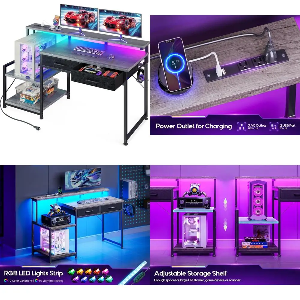 

LED-Illuminated 48 Gaming Desk with Power Outlet and Storage Shelves