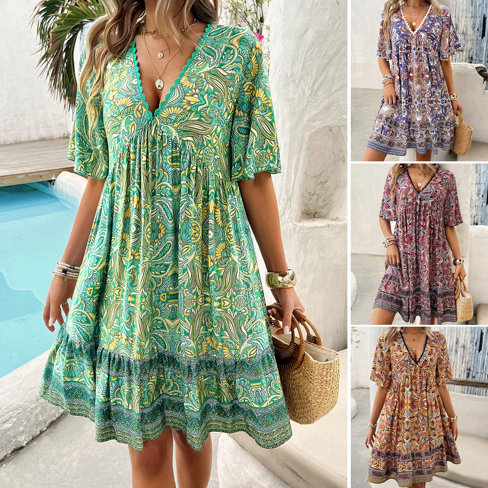 

Women's Summer Dress Contrast Printed Lady's Short Sleeve Dress Women's Boho Beach Dress Lace V-neck Sexy Vacation Clothing