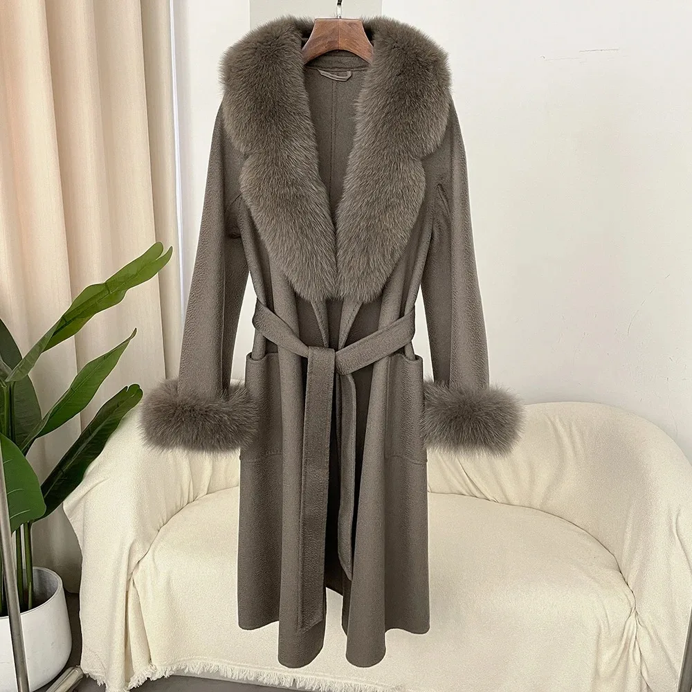 2024 Long Fur Coat Ladies Wool Coat Woolen Natural Real Fox Fur Collar Winter Jacket Women Belt Warm Outerwear Streetwear