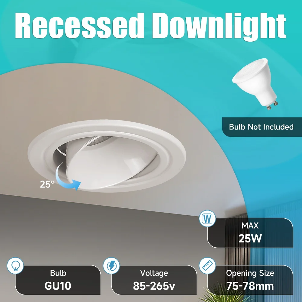 Replace GU10 Bulb Led Downlight Recessed 25W Indoor Flex 45° Ceiling Spotlight Panel Light For Living Room Bedroom Kitchen Round
